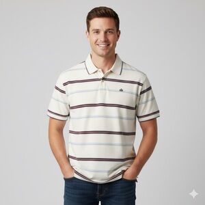 Machine cream brown/blue horizontal stripes, short-sleeved shirt, side slits, XL